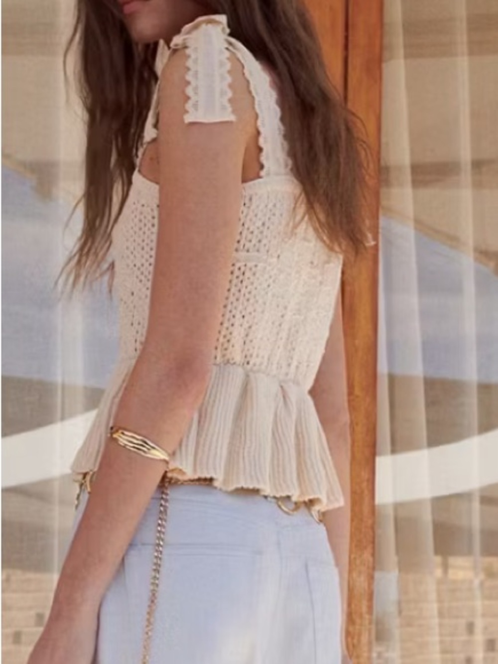 Mango Cream Knit Lace-Trim Peplum Tank Top KNITTED TOP WITH BOWS AND LACE DESIGN